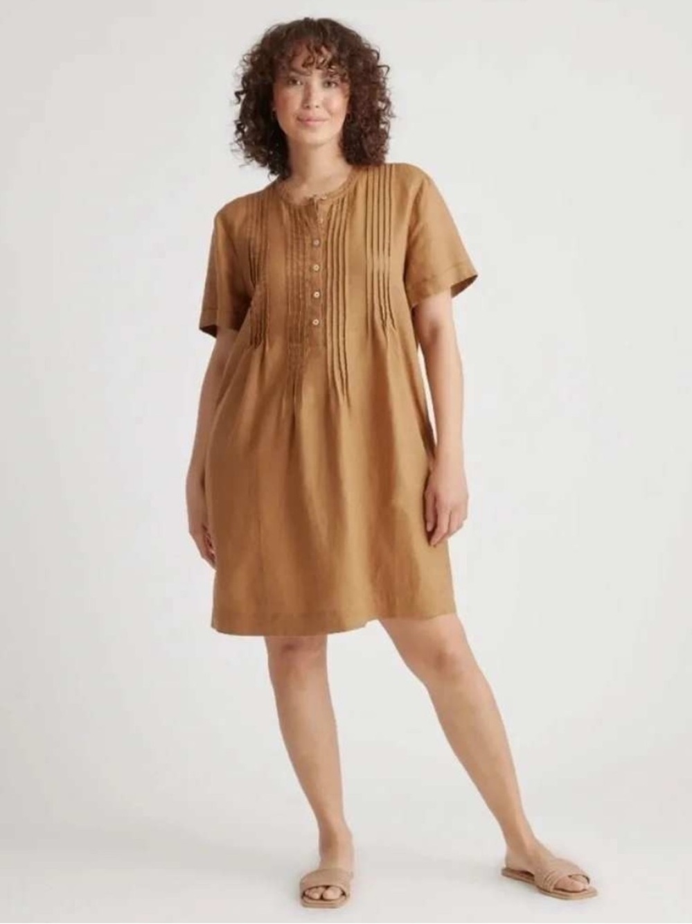 Quince Golden Brown European Linen Short Sleeve Swing Dress sz L